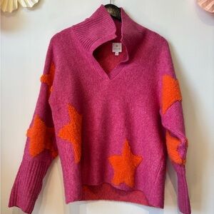 J Marie Pink Star-Pattern V-Neck Sweater MEDIUM